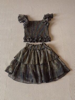 BTWEEN girls 2 piece metallic striped tiered skirt set ruffle crop top size 7